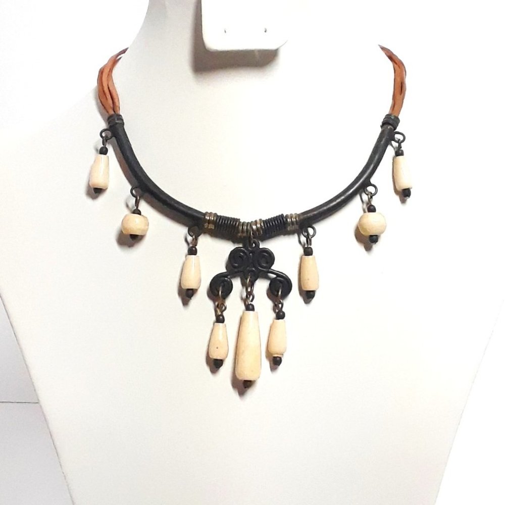 Vintage 90s Tribal Choker Necklace - New Old Stock Woodstock 1994 Brown Black